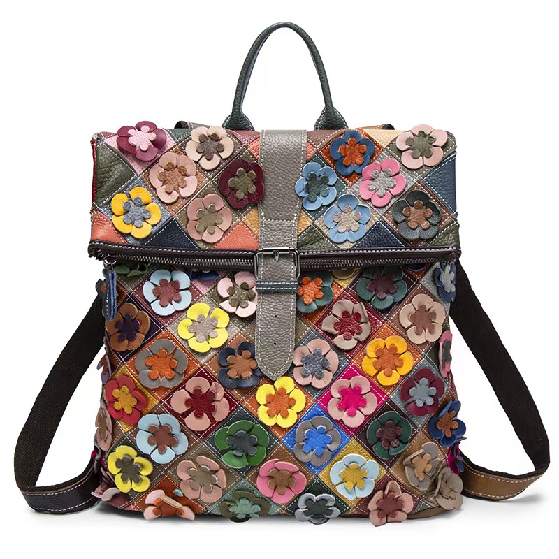 Leather Backpack Vintage - ヴィンテージ女性本革バックパックフラワーリアル牛革ショルダーバッグファッションパッチワークレディース牛革トラベルバッグパック