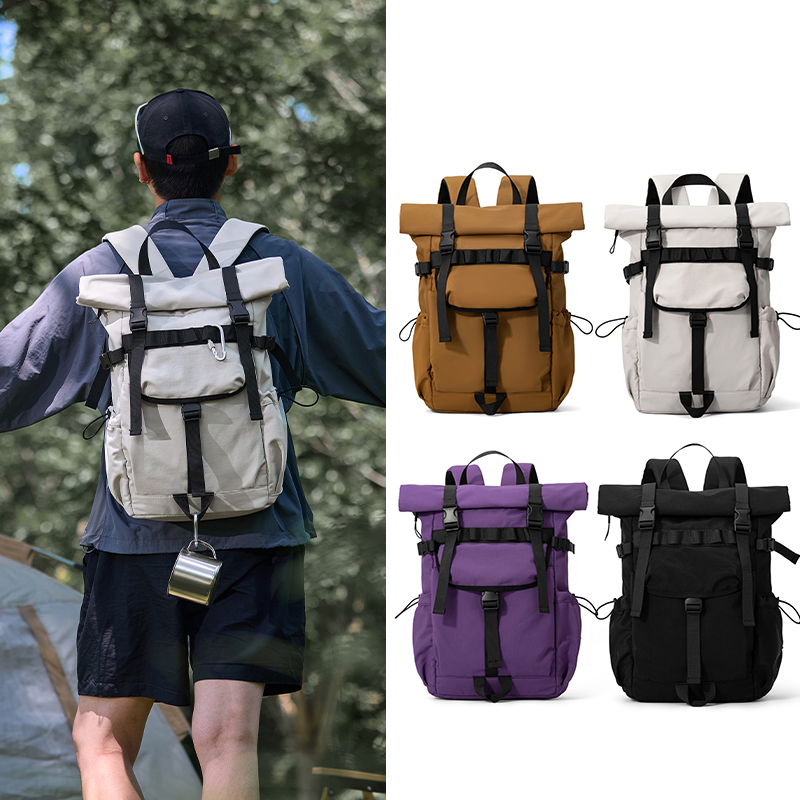 Canvas Backpack Casual - 新しいメンズロールマウス拡張可能なトラベルバックパック、ラップトップバックパック、アウトドア防水キャンプハイキングバックパック、スクールバッグ