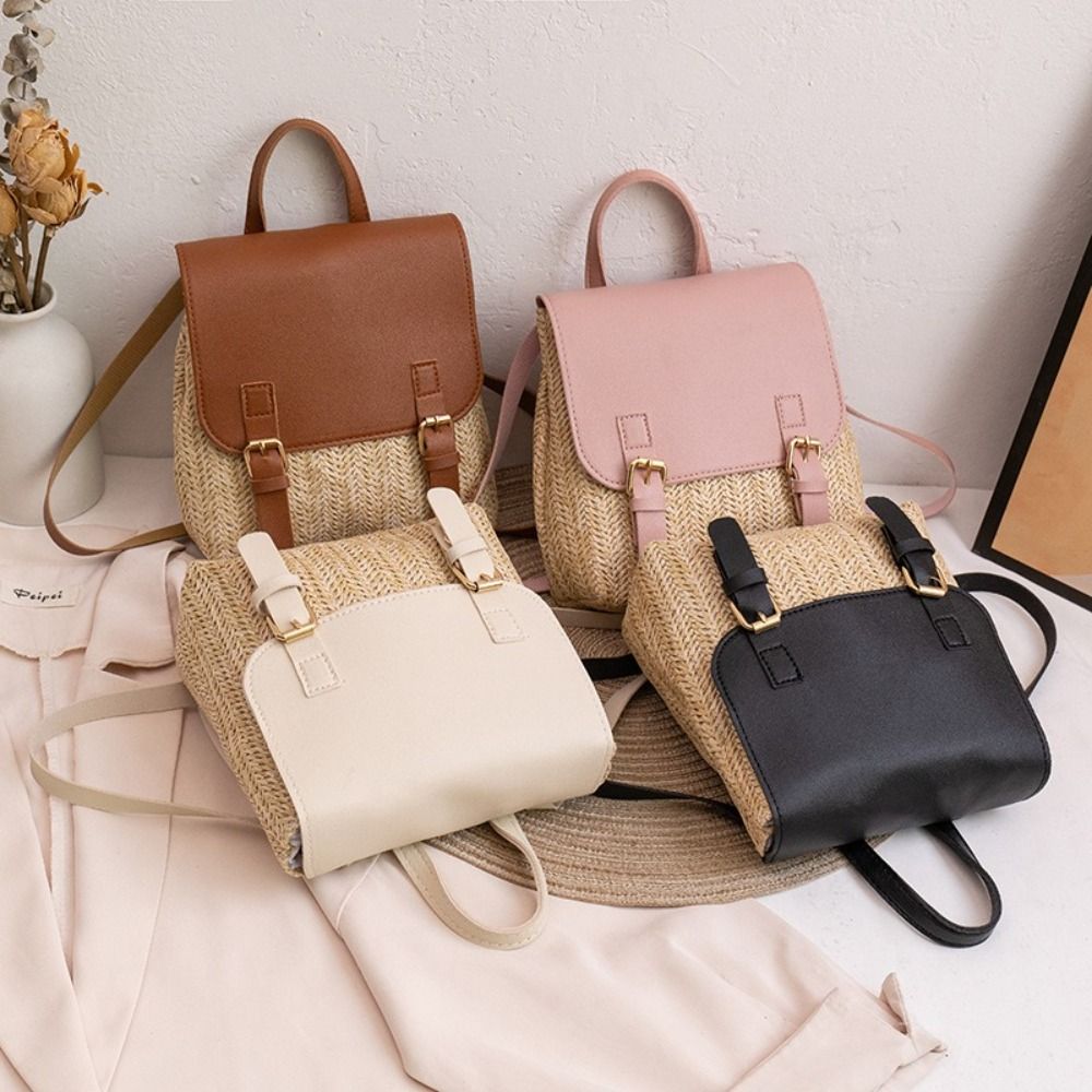 Leather Backpack Vintage - トレンド PU レザー ストロー バックパック レトロ