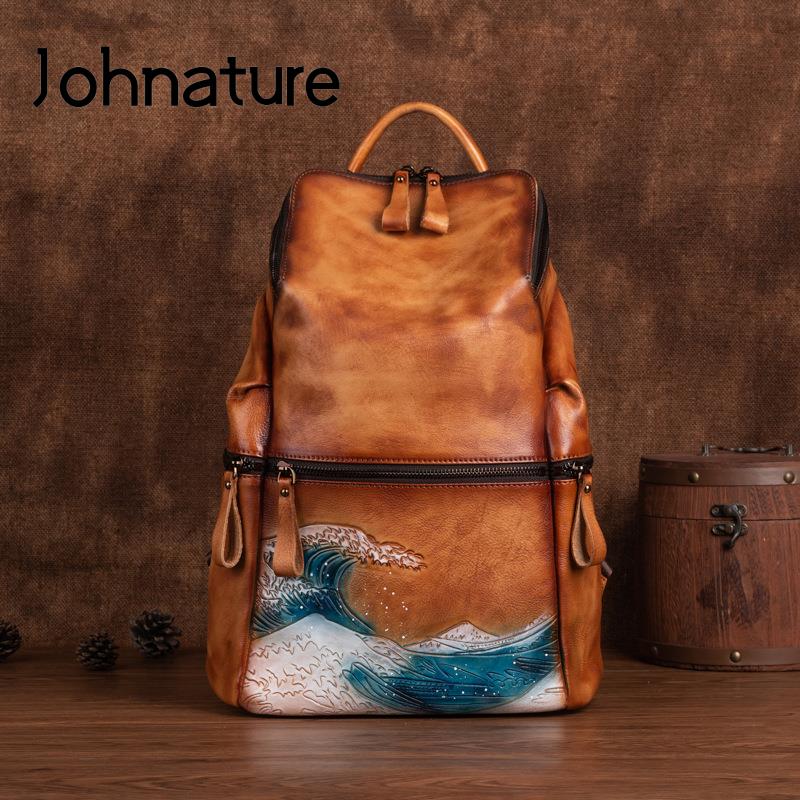 Leather Backpack Vintage - Johnature 本革女性バックパック大容量アウトドア旅行バッグ 2026 新しい手作り天然牛革バックパック