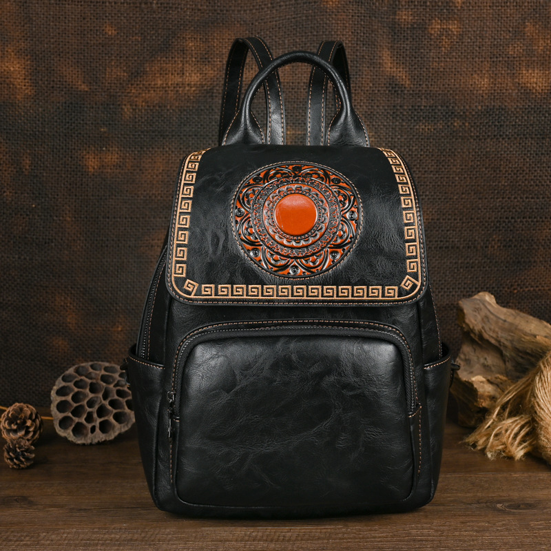 Leather Backpack Vintage - Johnature 2026 新しいヴィンテージ手作り女性用レザーバックパックトーテムエンボス加工大容量多用途トラベルバッグ